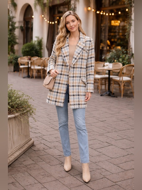 Fashion Nova Sweaters - Fashion Nova Wool Blend Houndstooth Oversized Coat - Blue/Tan/Black - Size M